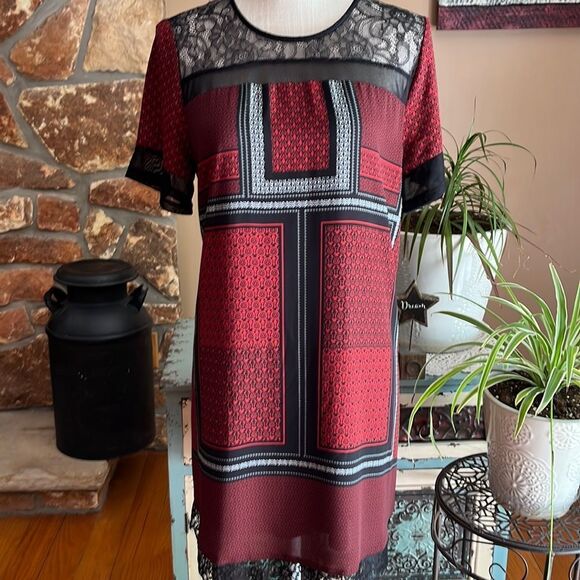 Express Women's Lace Color Block Print Shirt Dress Size Medium Black Red - Picture 1 of 13